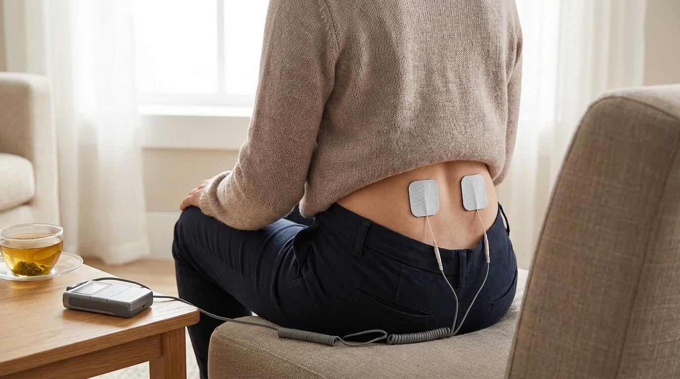iStim WeTrac portable electrotherapy device electrode placement for lower back pain relief and muscle recovery