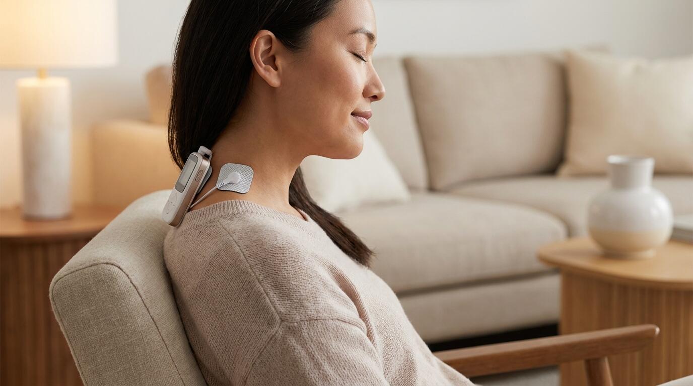 Person using iStim WeTrac portable electrotherapy device for daily neck and shoulder pain relief at home