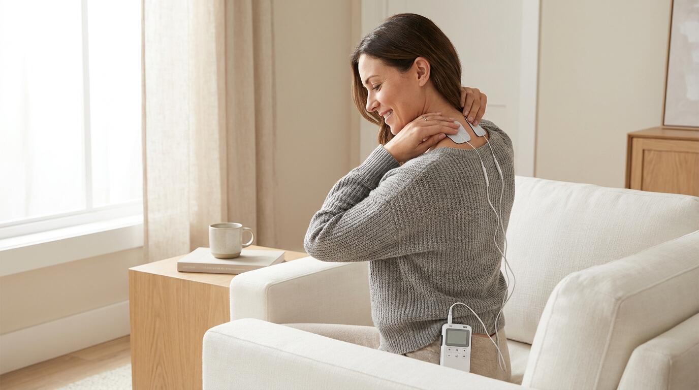 Person using iStim WeTrac portable TENS unit on neck and shoulders for pain relief at home