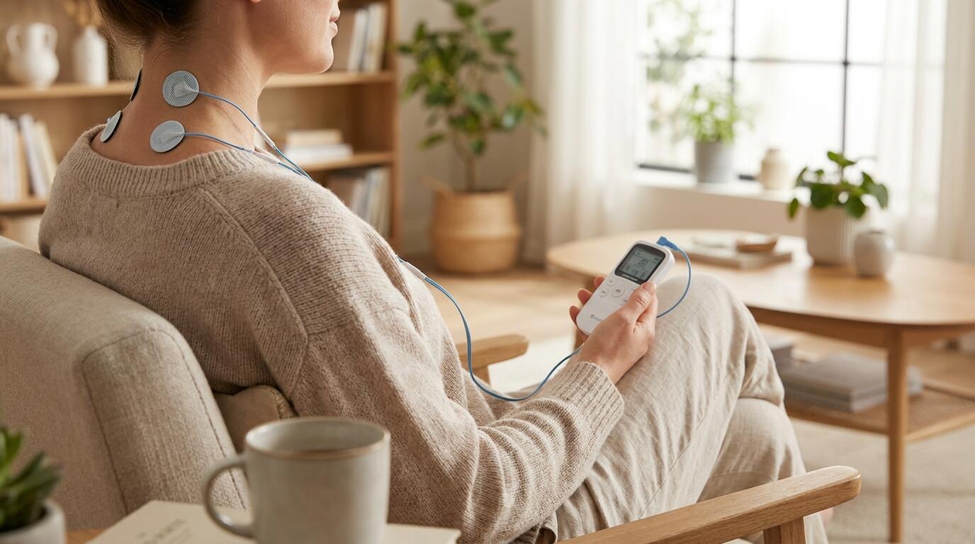 iStim WeTrac TENS EMS device in use for neck and shoulder pain relief at home