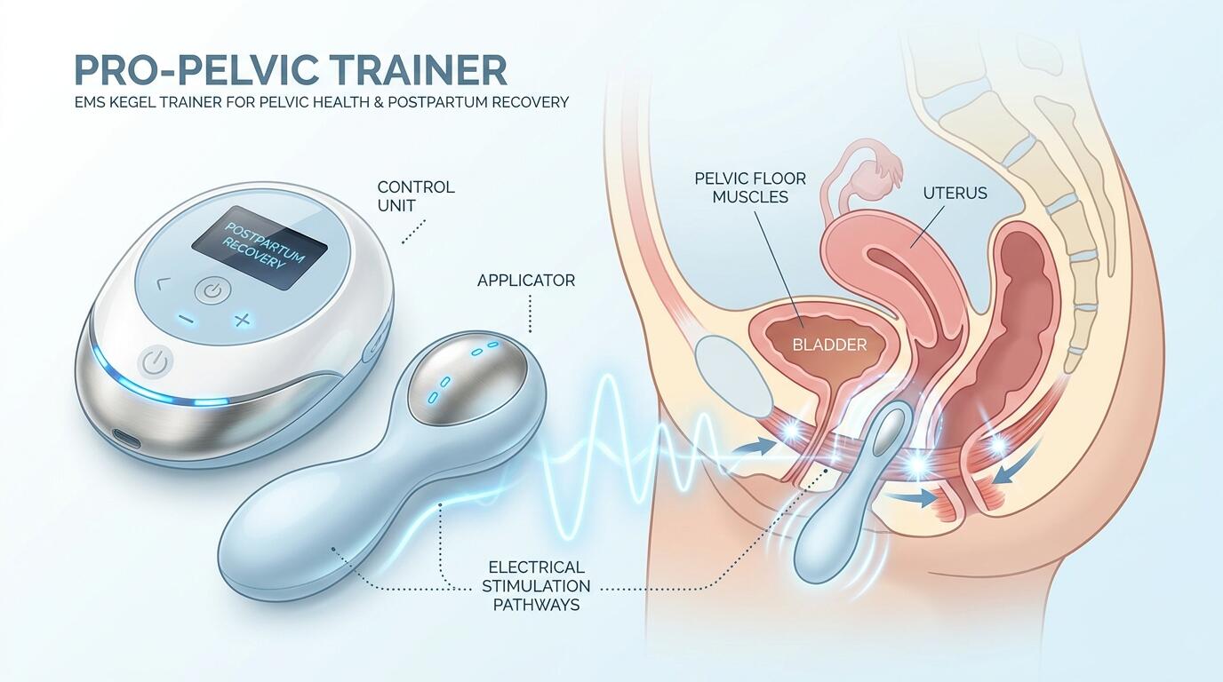 EMS Kegel device in use alongside illustrated pelvic floor anatomy, highlighting how electrical stimulation targets pelvic muscles for women's health