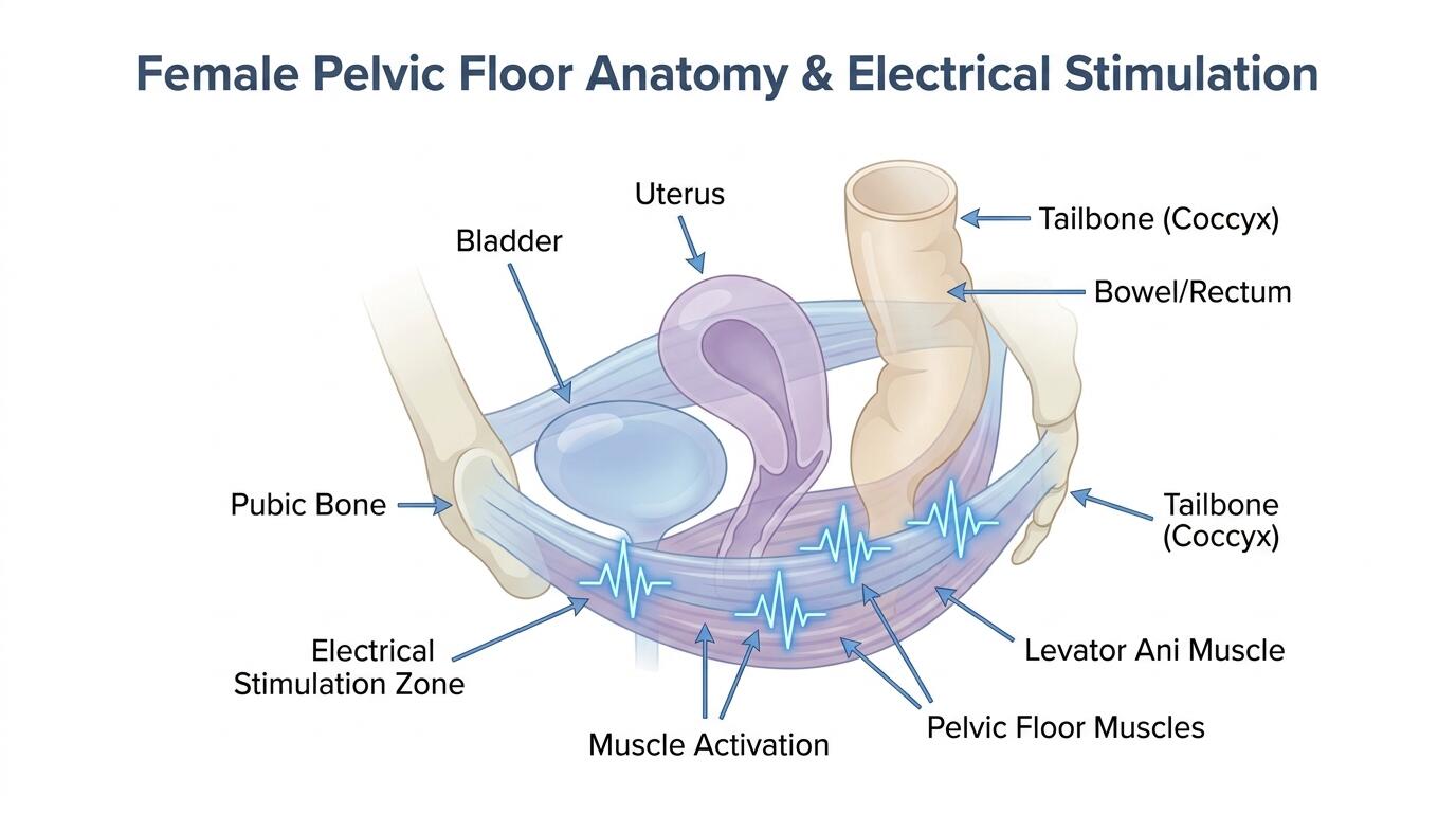 Diagram showing pelvic floor muscle anatomy and how electrical stimulation targets pelvic floor muscles for home Kegel therapy