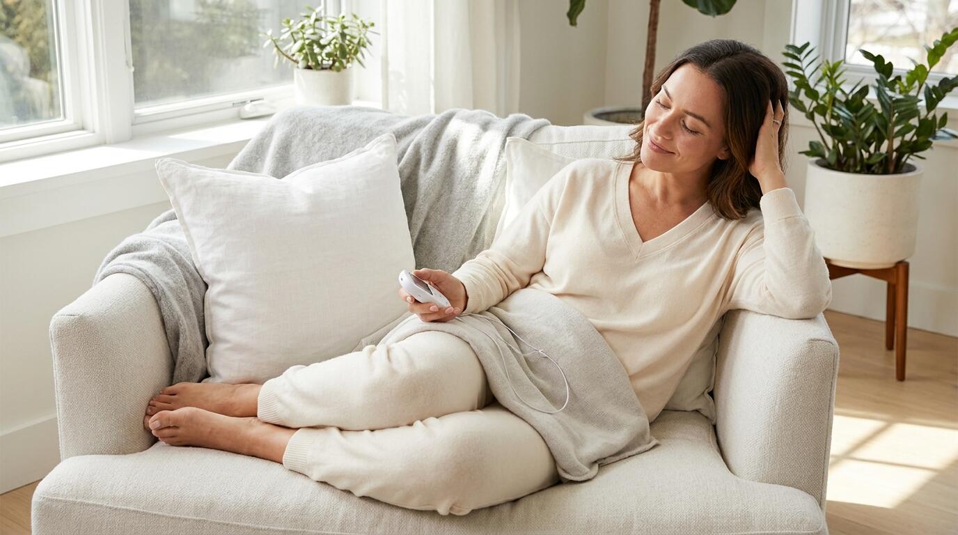 Woman performing at-home pelvic floor EMS session with iStim Kegel device postpartum