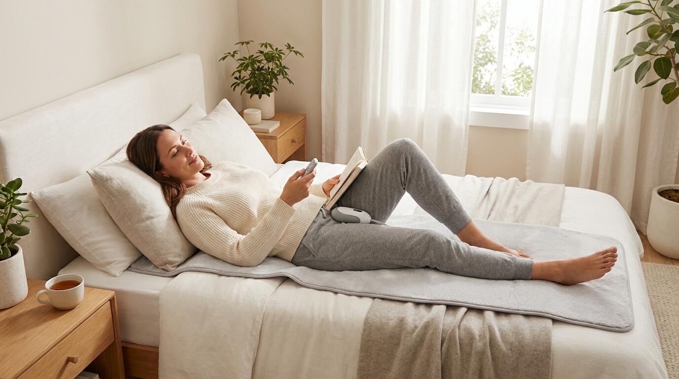 Woman using automatic Kegel exercise device for pelvic floor rehabilitation at home comfortably