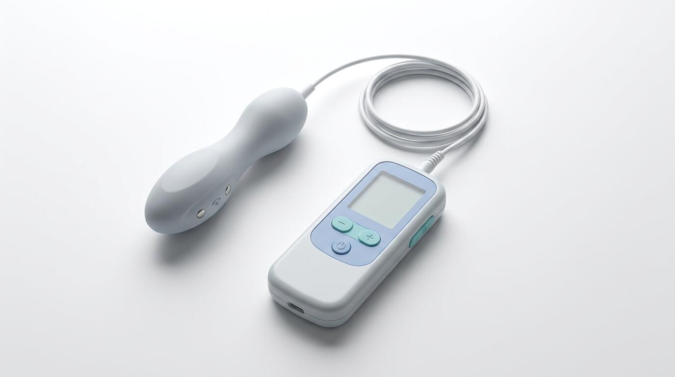 EMS Kegel trainer probe and control unit laid out for home pelvic floor rehabilitation session