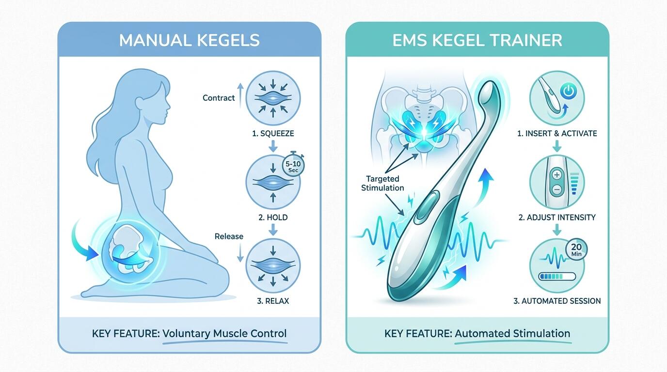 Side-by-side comparison of manual pelvic floor exercise technique and EMS Kegel trainer device for home use