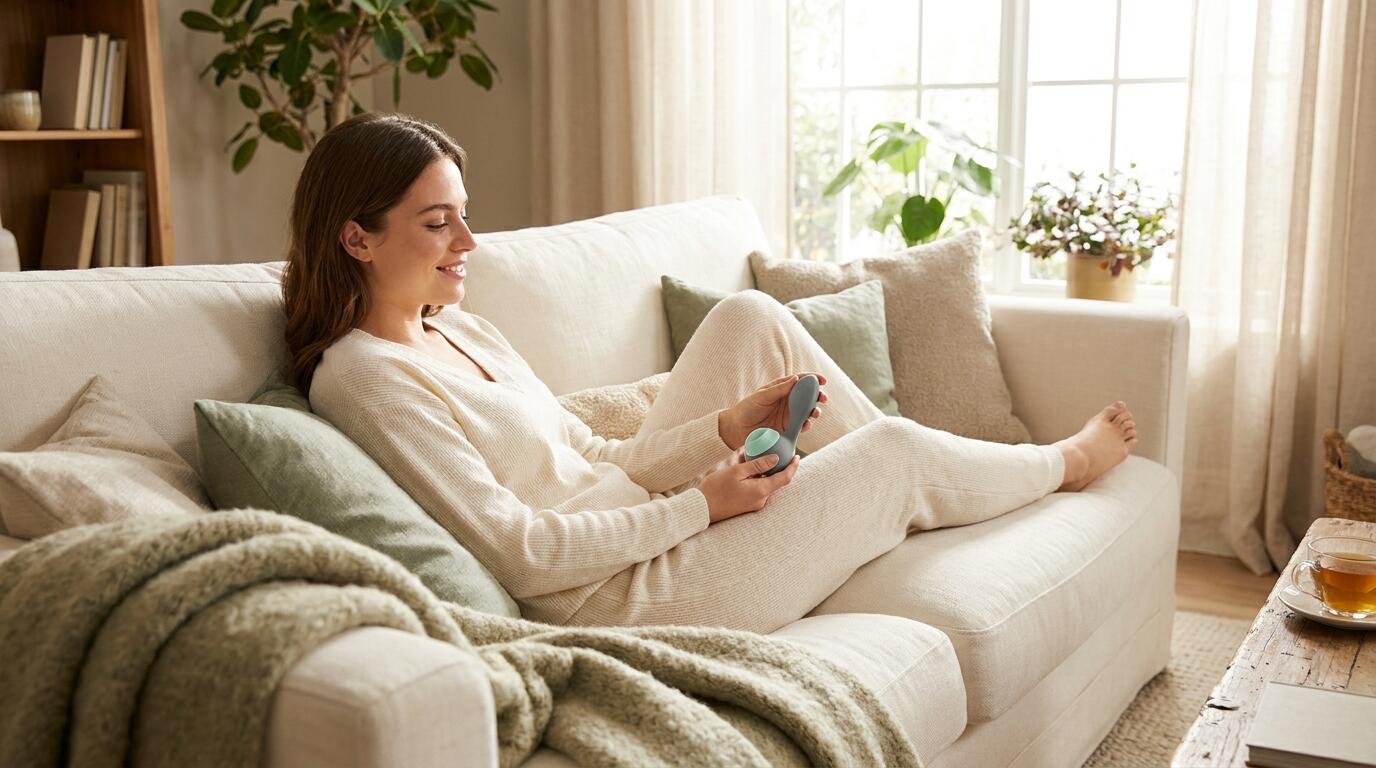 Woman using a pelvic floor EMS trainer device at home during postpartum recovery routine