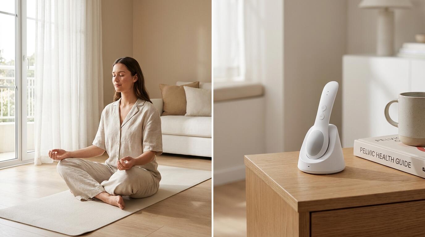 Woman performing pelvic floor exercises comparing manual Kegels vs EMS Kegel trainer at home