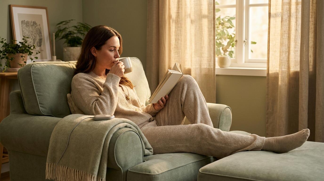 Woman relaxing during a home Kegel training session with an EMS device for bladder control support