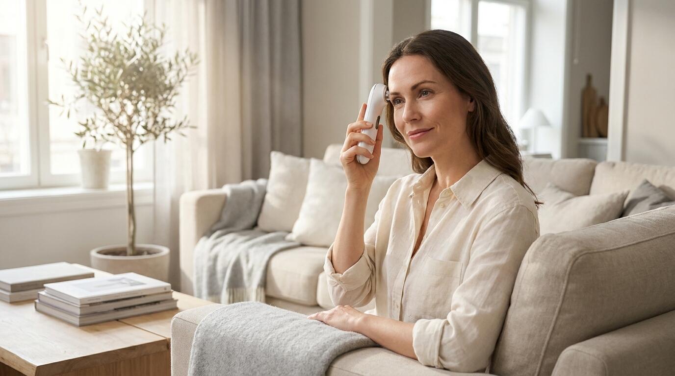 Woman using an at-home pelvic floor device for rehabilitation and wellness