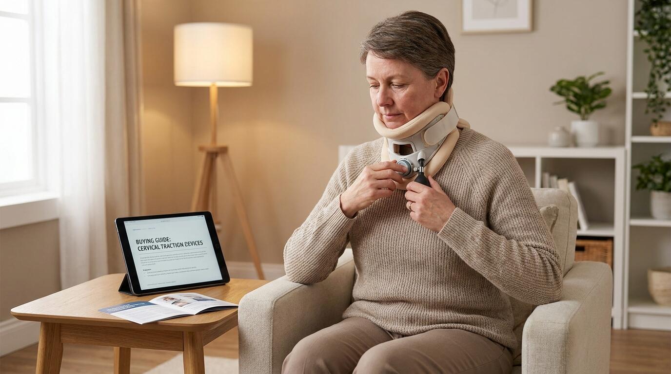 Person carefully adjusting a neck traction device at home with guidance materials nearby