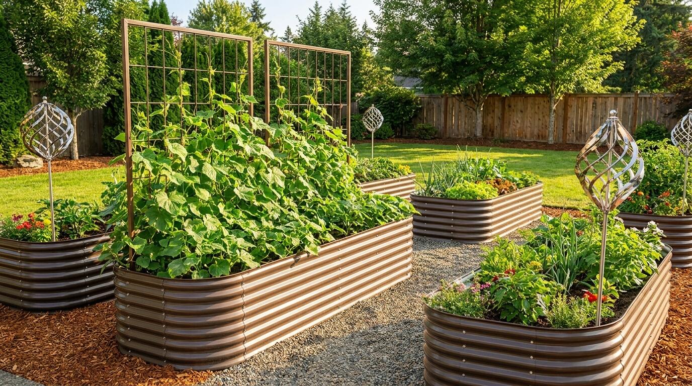 A beautifully styled backyard garden featuring raised bed layout, garden trellis, and kinetic wind spinners for curb appeal