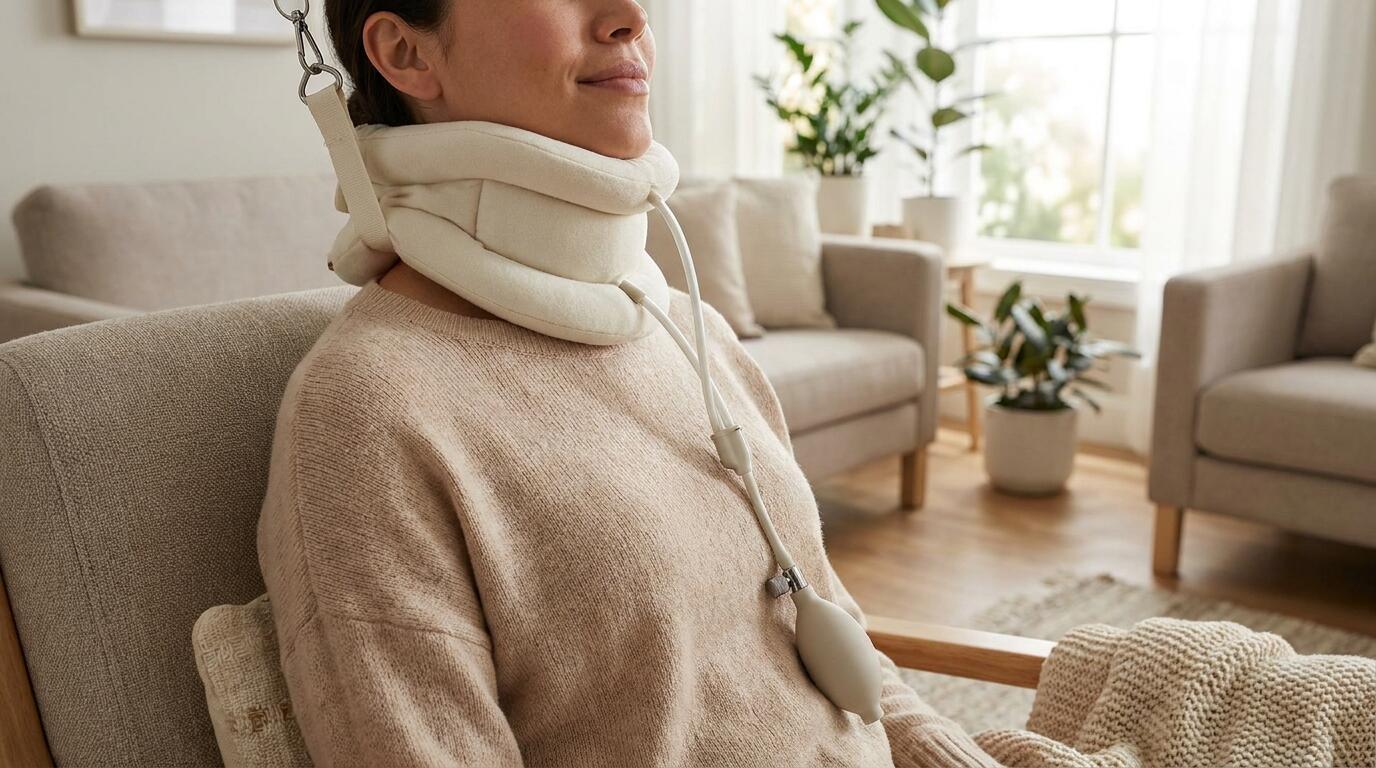 A person using a cervical traction device at home for neck pain relief