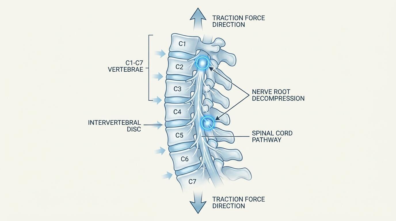 Diagram showing cervical spine decompression with labeled anatomy during home traction therapy