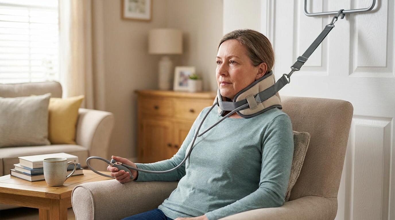 A person using a cervical traction device at home with adjustable intensity settings for neck pain relief