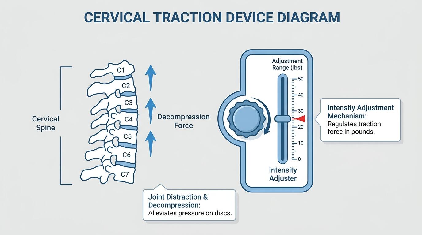Diagram showing cervical traction device with labeled intensity adjustment mechanism and cervical spine decompression illustration