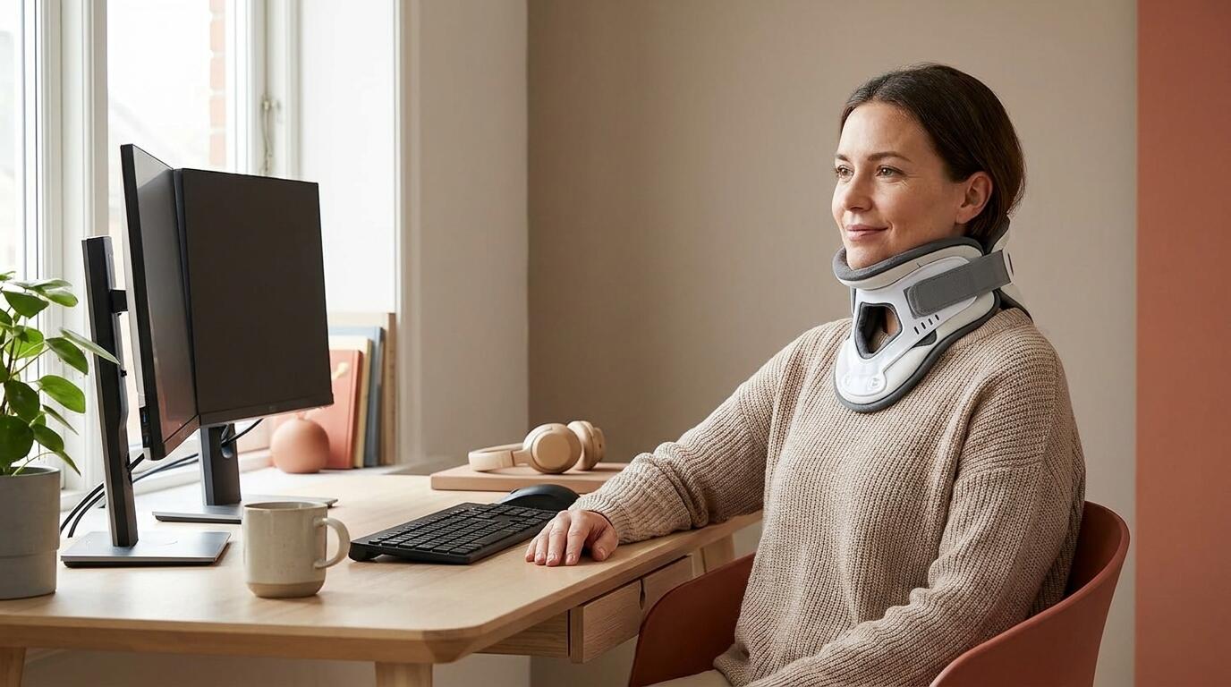 Best Neck Stretcher for Desk Workers – woman using cervical traction device at home office desk