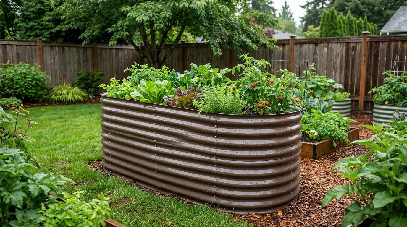 Anleolife extra-tall galvanized steel raised garden bed installed in a wet Pacific Northwest garden with healthy vegetable plants
