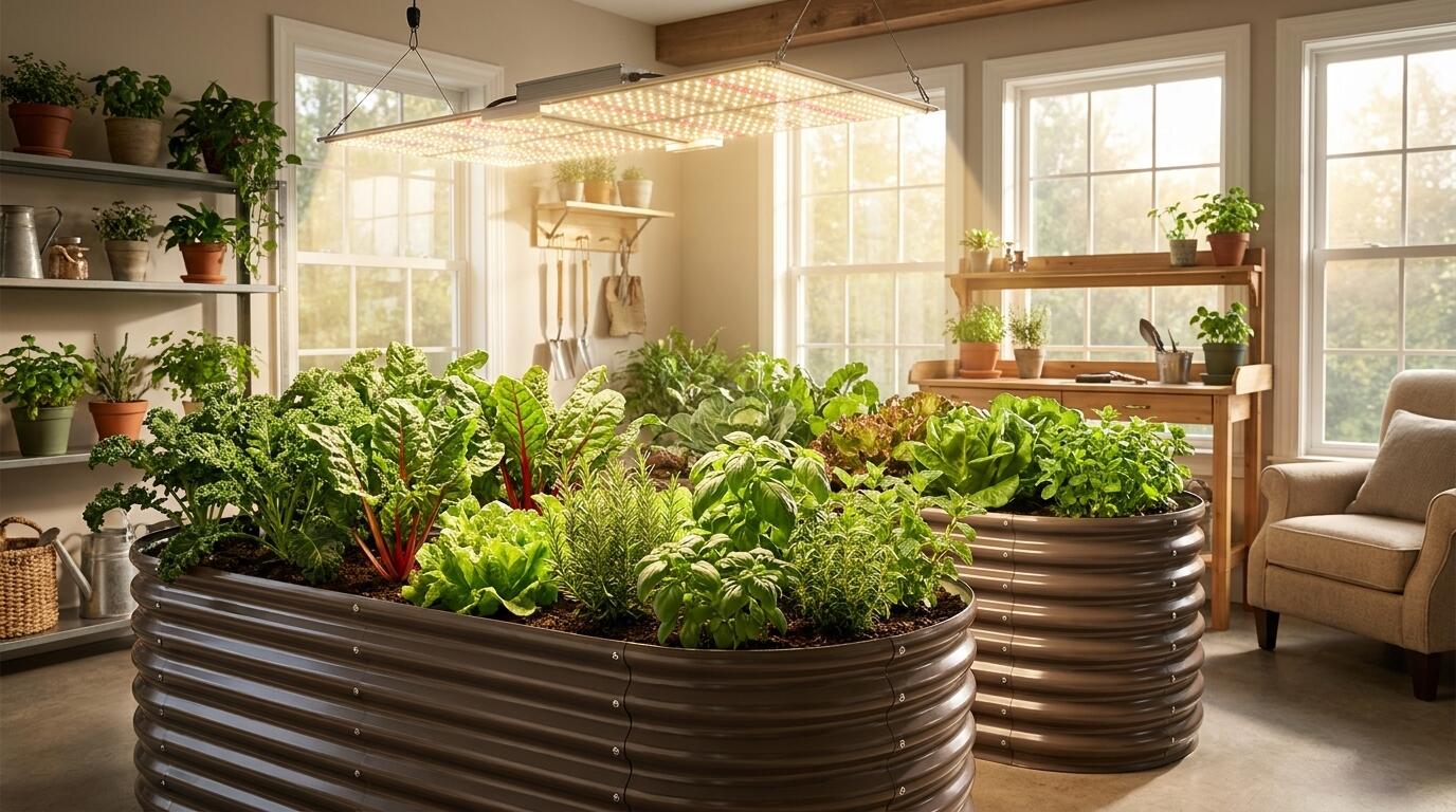 Full-spectrum LED grow light panel with Samsung LM301H EVO chips illuminating a thriving indoor garden