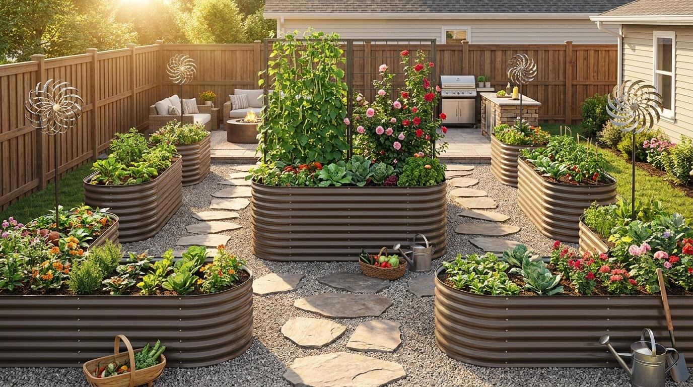 Styled backyard garden with galvanized raised beds, garden trellis, and kinetic wind spinners creating a cohesive outdoor living space