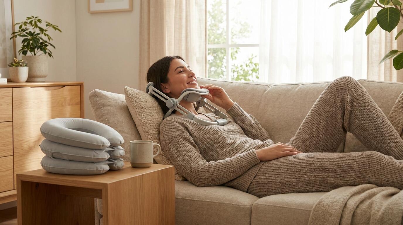 Person using cervical traction device at home for neck pain relief and spinal decompression