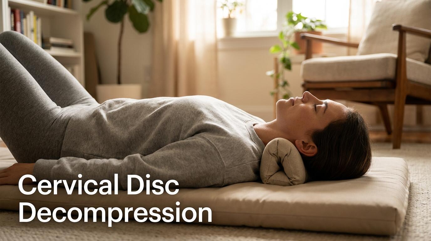 Person using a cervical traction device at home for neck pain and disc decompression relief
