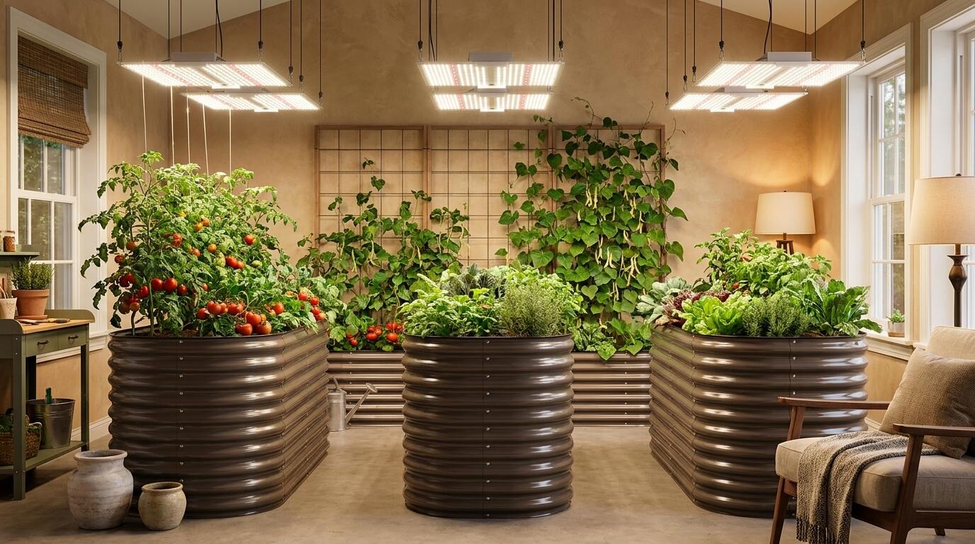 Thriving indoor vegetable garden in raised beds under full-spectrum LED grow lights with Samsung LM301H EVO chips