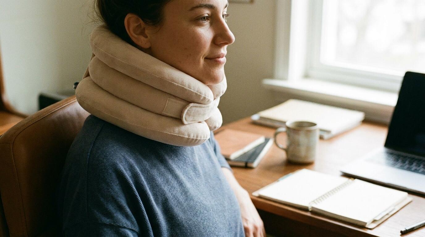Desk worker performing cervical traction stretch at home with neck stretcher device for posture relief