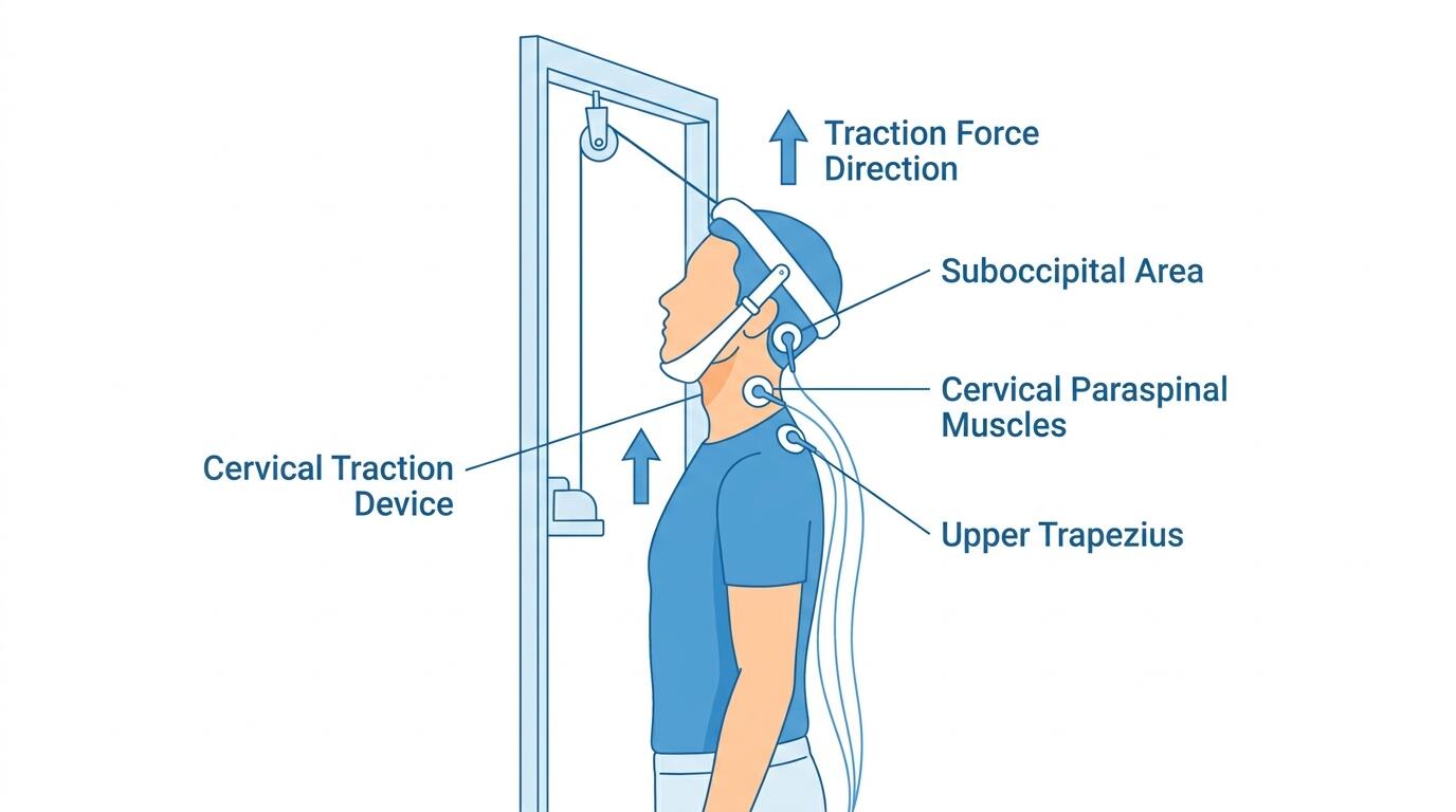 Illustration of cervical traction technique and TENS electrode placement for at-home neck pain relief