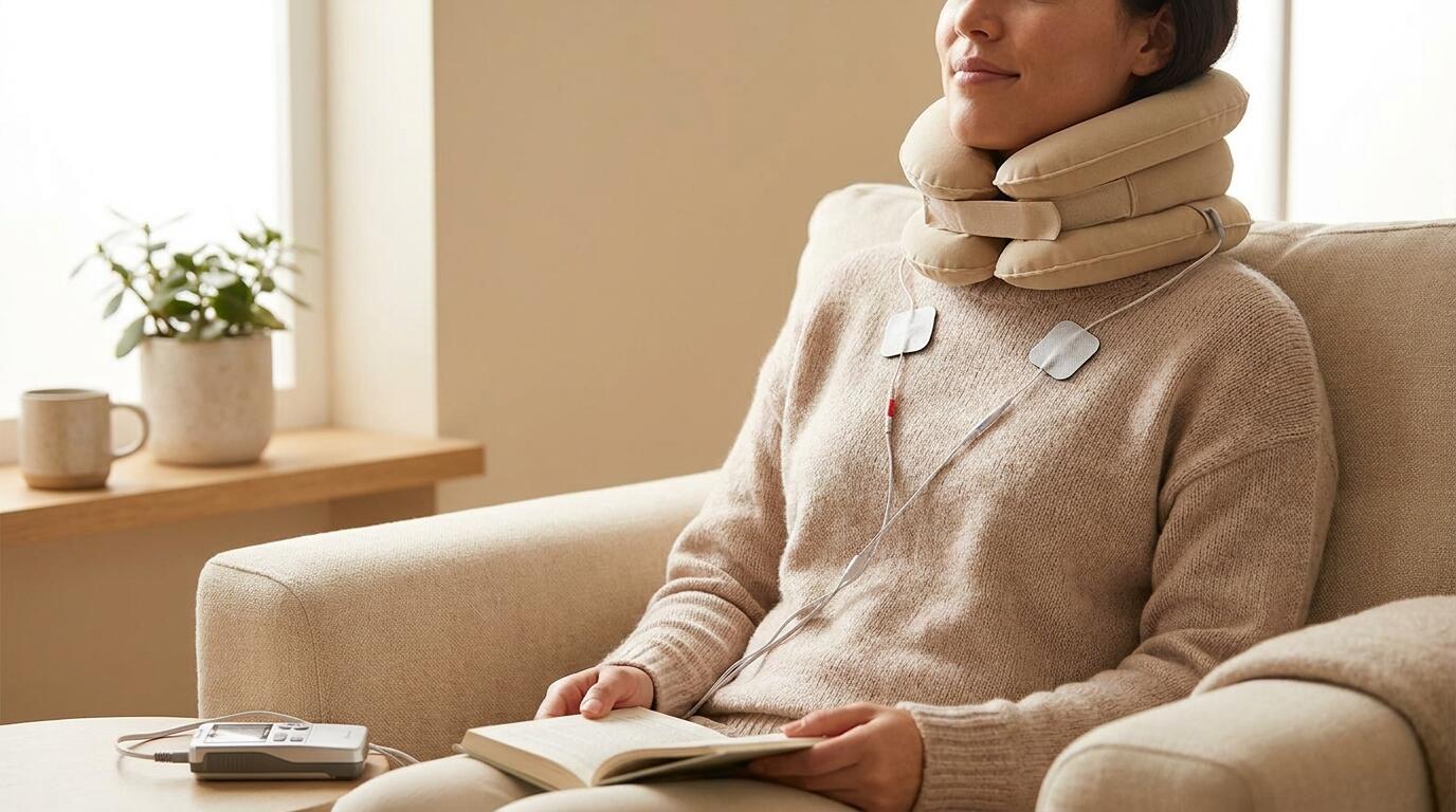 Neck traction therapy paired with TENS electrotherapy for comprehensive cervical pain relief at home