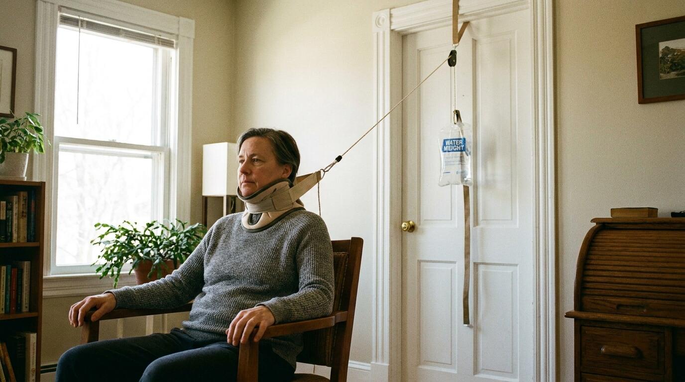 Person performing cervical traction at home using an over-the-door device as part of daily physical therapy