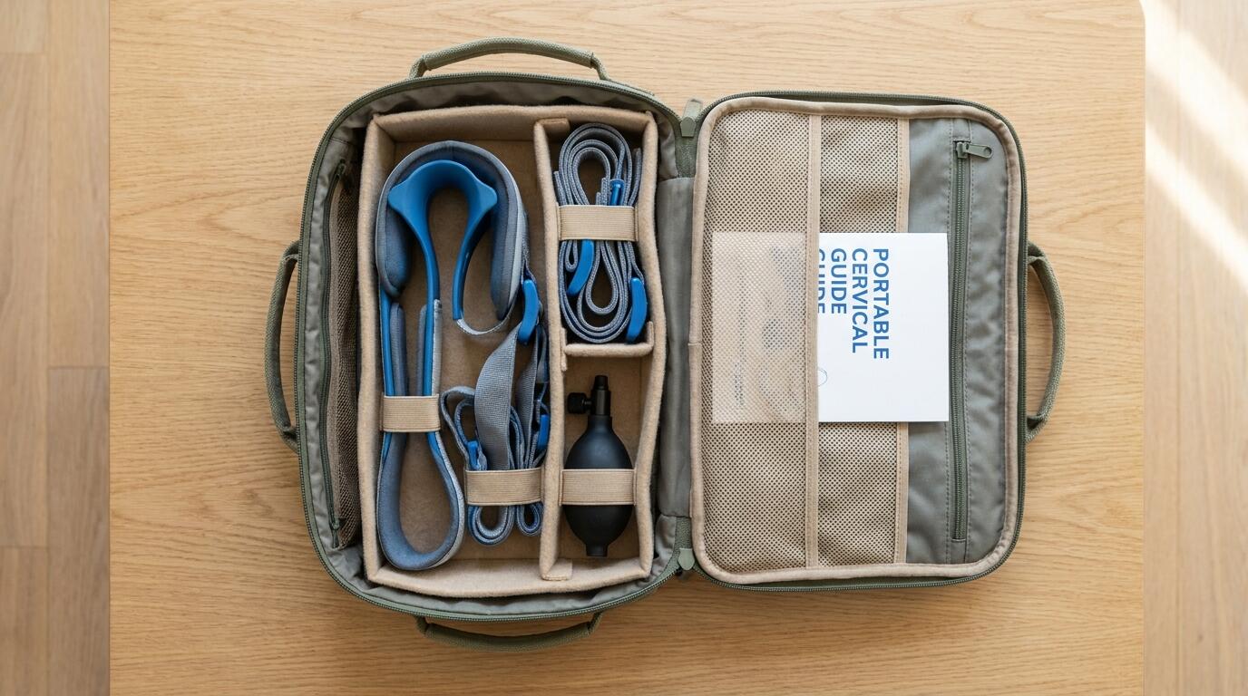 Portable cervical decompression device with travel bag organized for packing