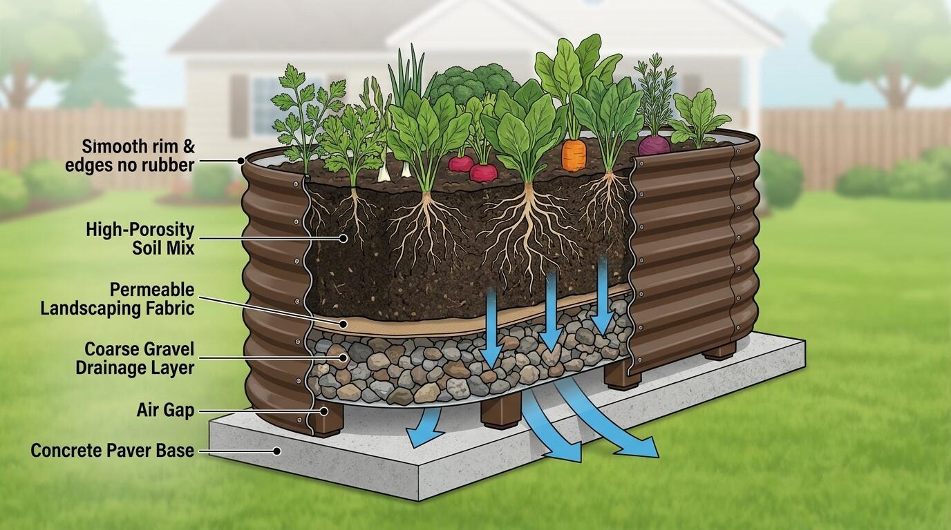 Cross-section diagram of a metal raised garden bed on pavers showing gravel drainage layer, landscaping fabric, and soil system with healthy plant roots