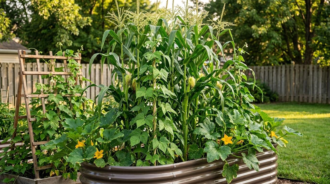 A lush three-sisters garden bed with corn, climbing beans, and sprawling squash growing together in a raised metal bed surrounded by garden trellis and outdoor living accessories