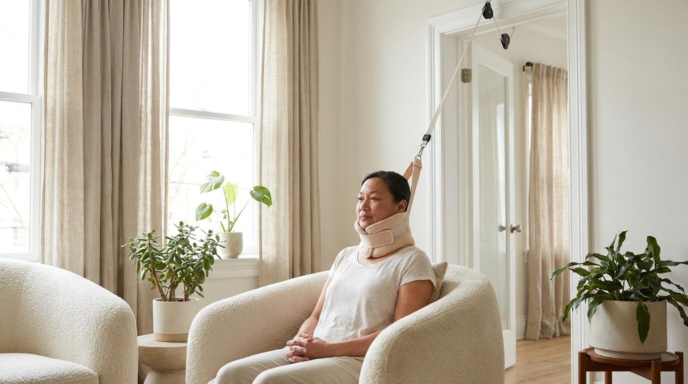 Over-door cervical traction device in use at home — WeTrac neck decompression review