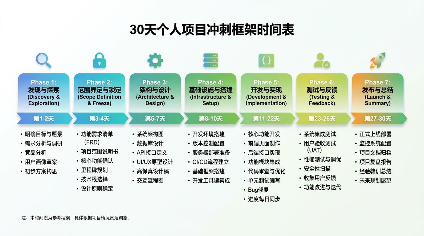 七阶段冲刺框架时间轴与各阶段关键输出概览