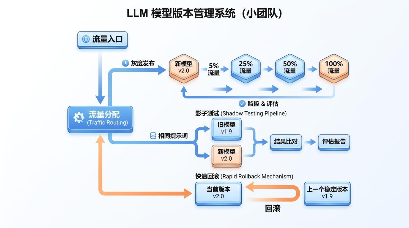 LLM模型版本管理灰度切换与回滚架构示意图