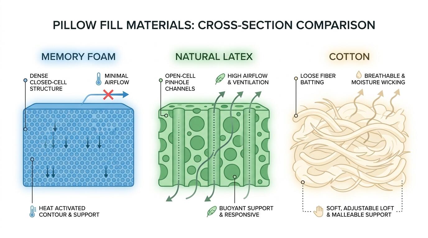 Comparison of memory foam, latex, and cotton pillow cross-sections