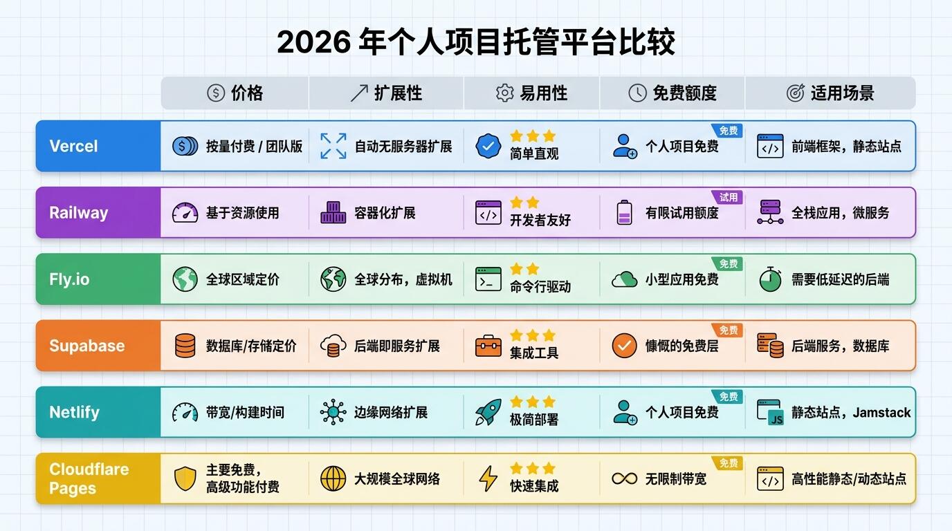个人项目托管平台对比分析，包含Vercel、Railway、Fly.io等主流选项