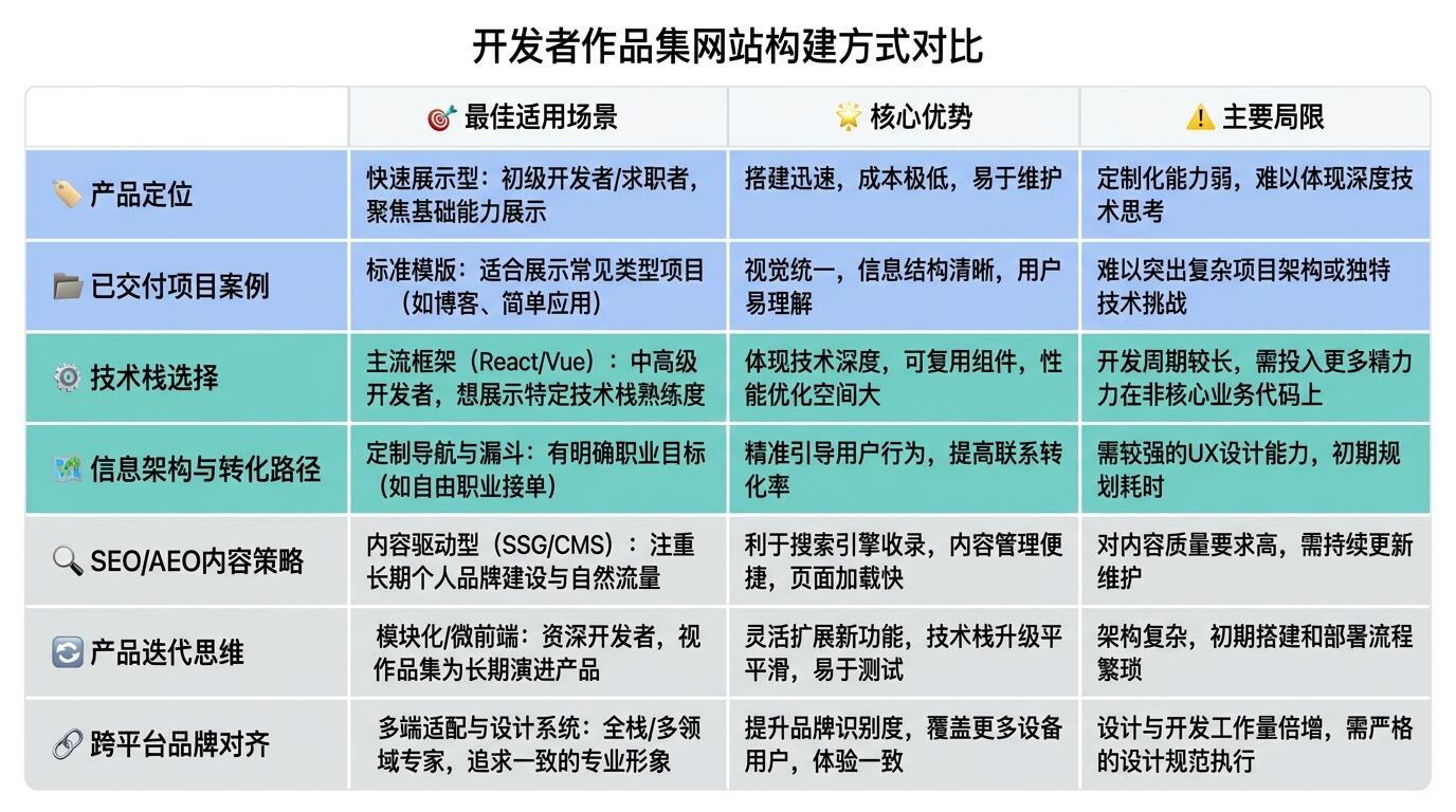 开发者作品集网站核心方法对比:从定位到技术选型、SEO策略与持续迭代的系统工程实践
