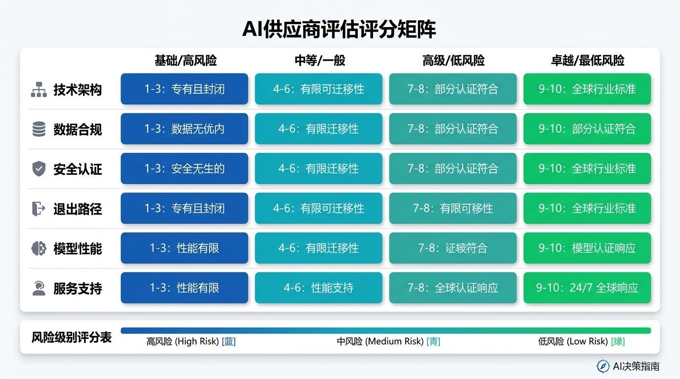 AI供应商评估矩阵:技术架构、合规认证与退出路径的结构化评分框架