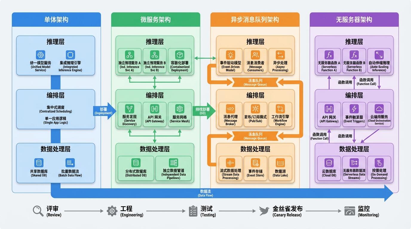 可扩展AI系统架构层次与生产上线流程对比示意图