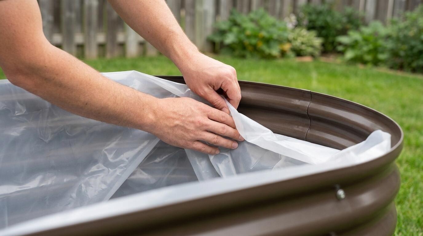 Interior liner installation in a raised garden bed to prevent rust and protect soil from metal contact Interior liner installation in a raised garden bed to prevent rust and protect soil from metal contact