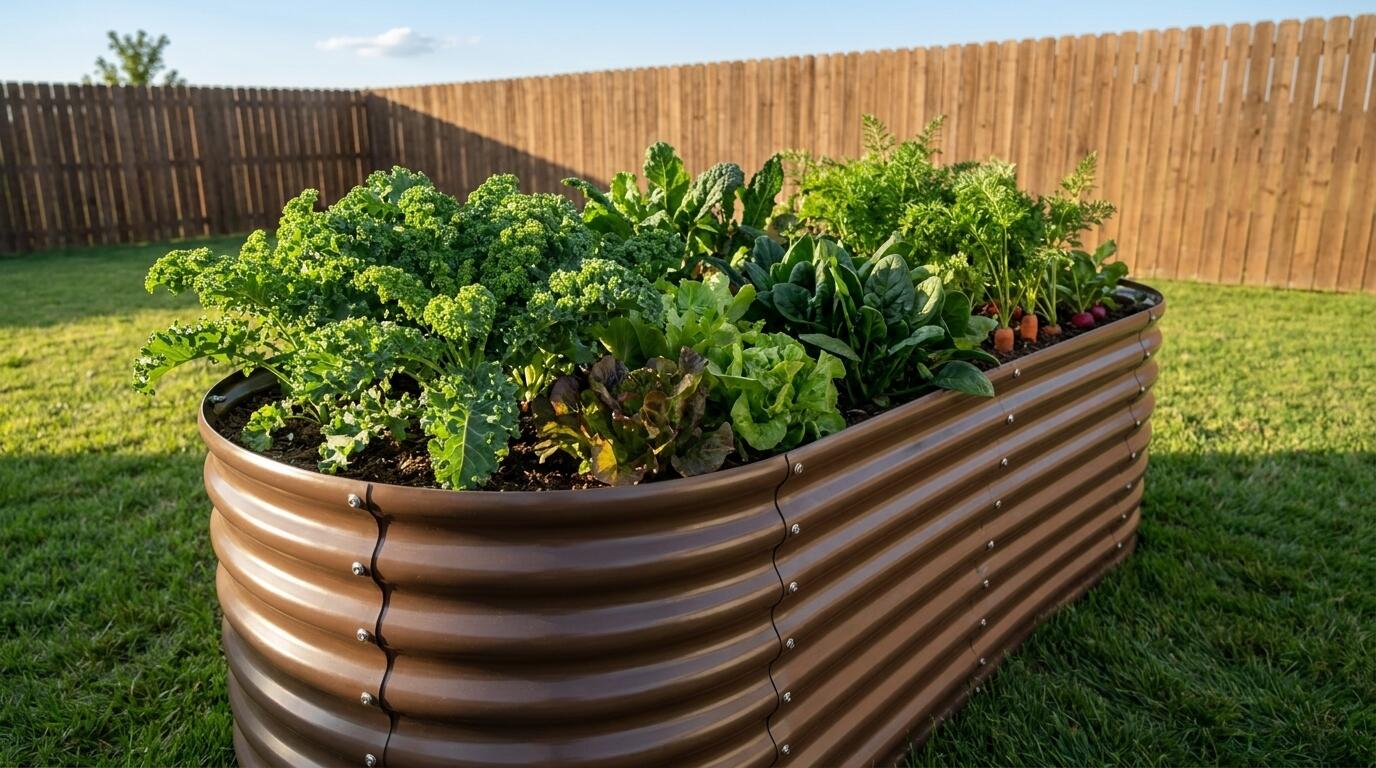 Galvanized steel raised garden bed with vegetables growing in a sustainable raised bed planting layout