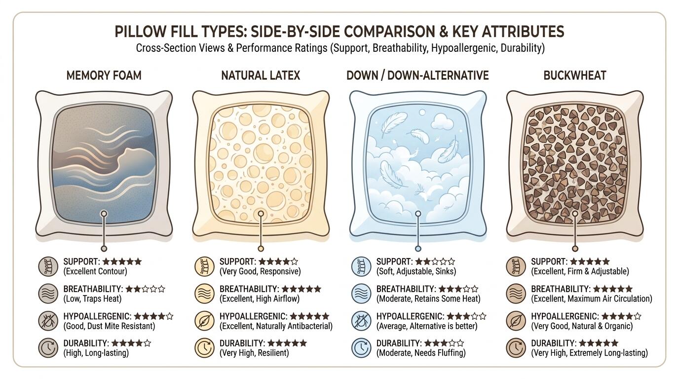 Side-by-side comparison of different pillow fill materials highlighting key features for sleep quality improvement
