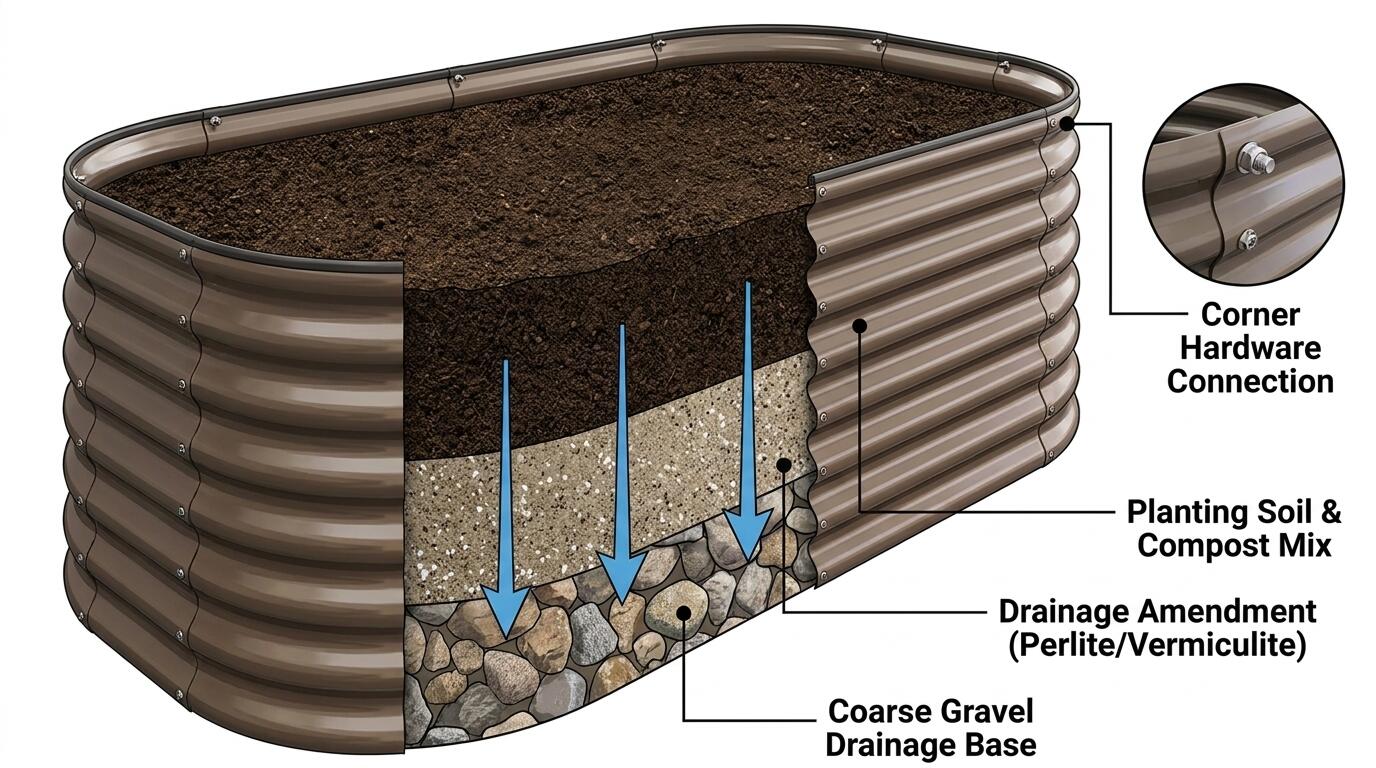 Cross-section diagram of a galvanized steel raised garden bed showing soil layers, drainage, and structural panel design for long-term raised bed gardening durability