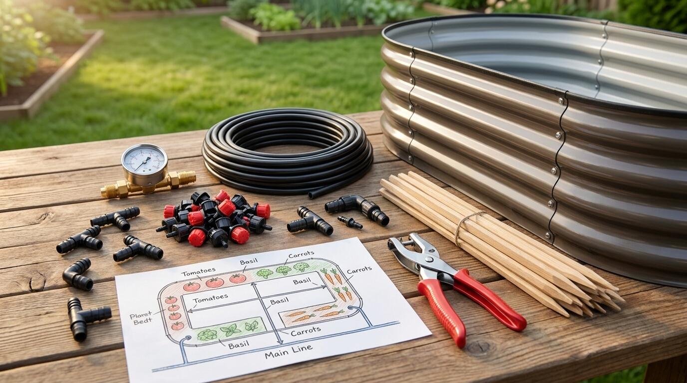 Drip irrigation planning tools laid out beside a raised garden bed