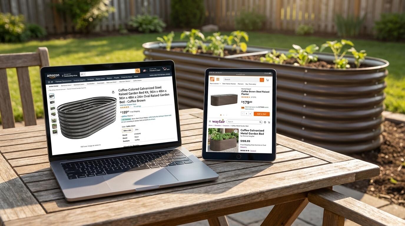 Shopper comparing raised garden bed kits across online platforms for raised bed gardening deals