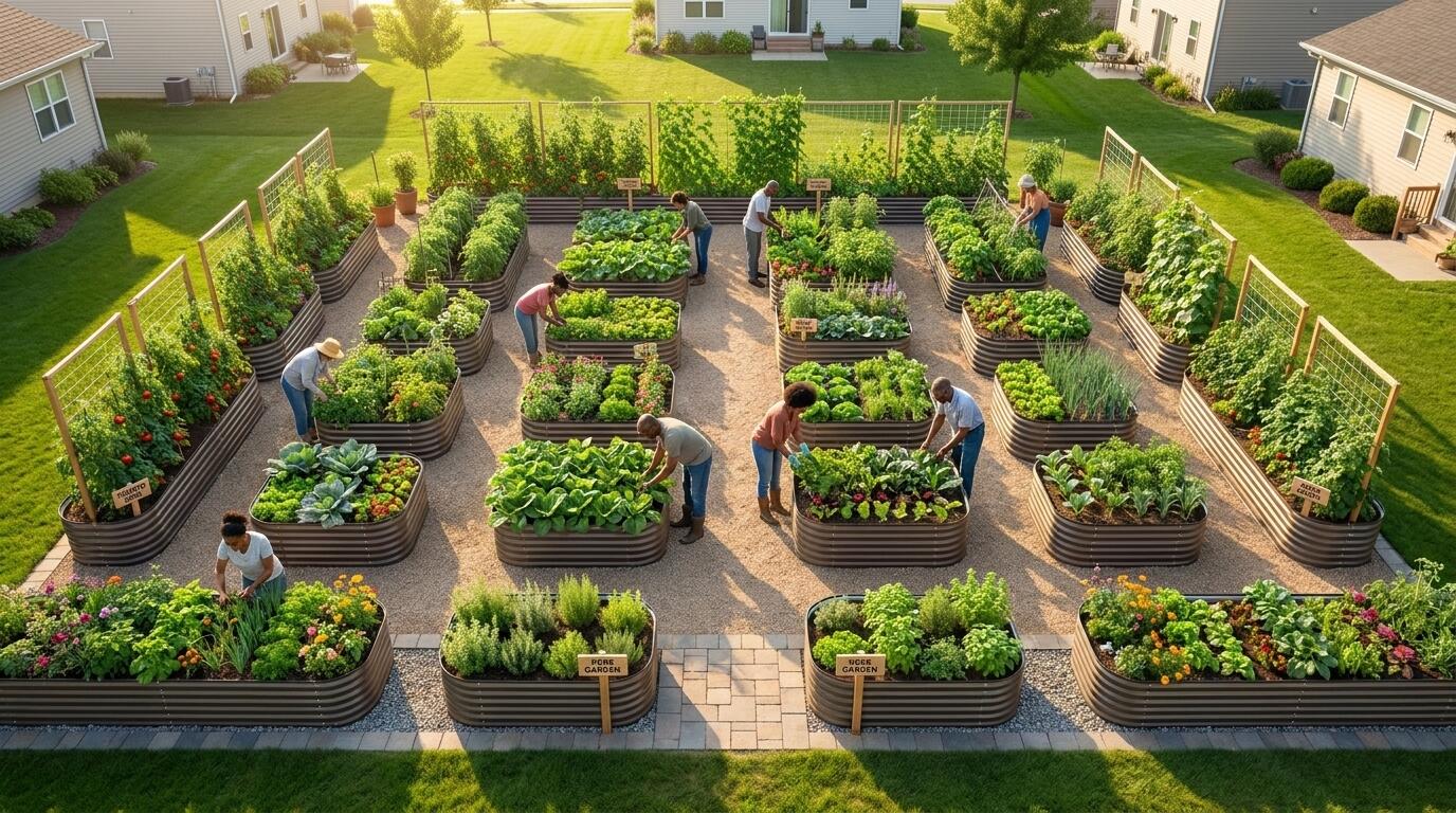Community garden raised bed planting layout with wide pathways and varied bed heights for accessibility
