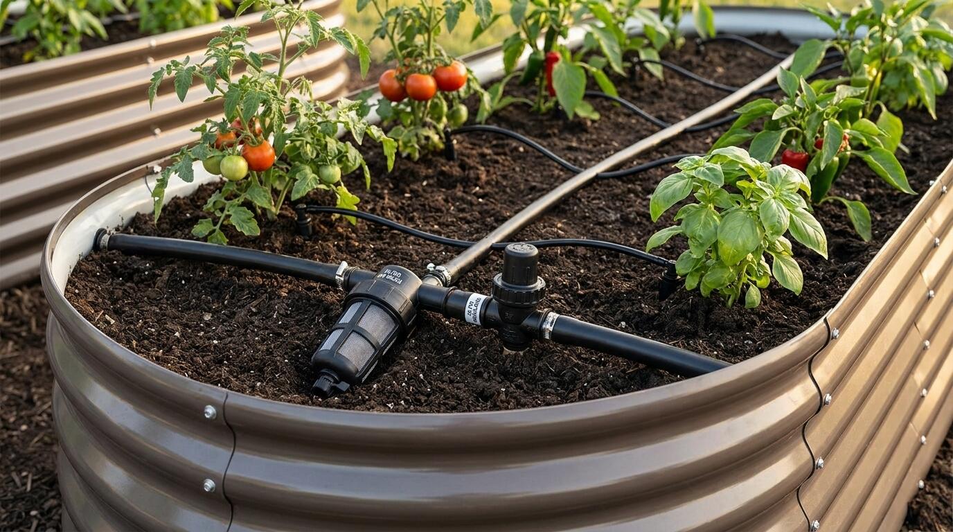 Raised garden bed with drip irrigation tubing, emitters, and pressure regulator installed correctly